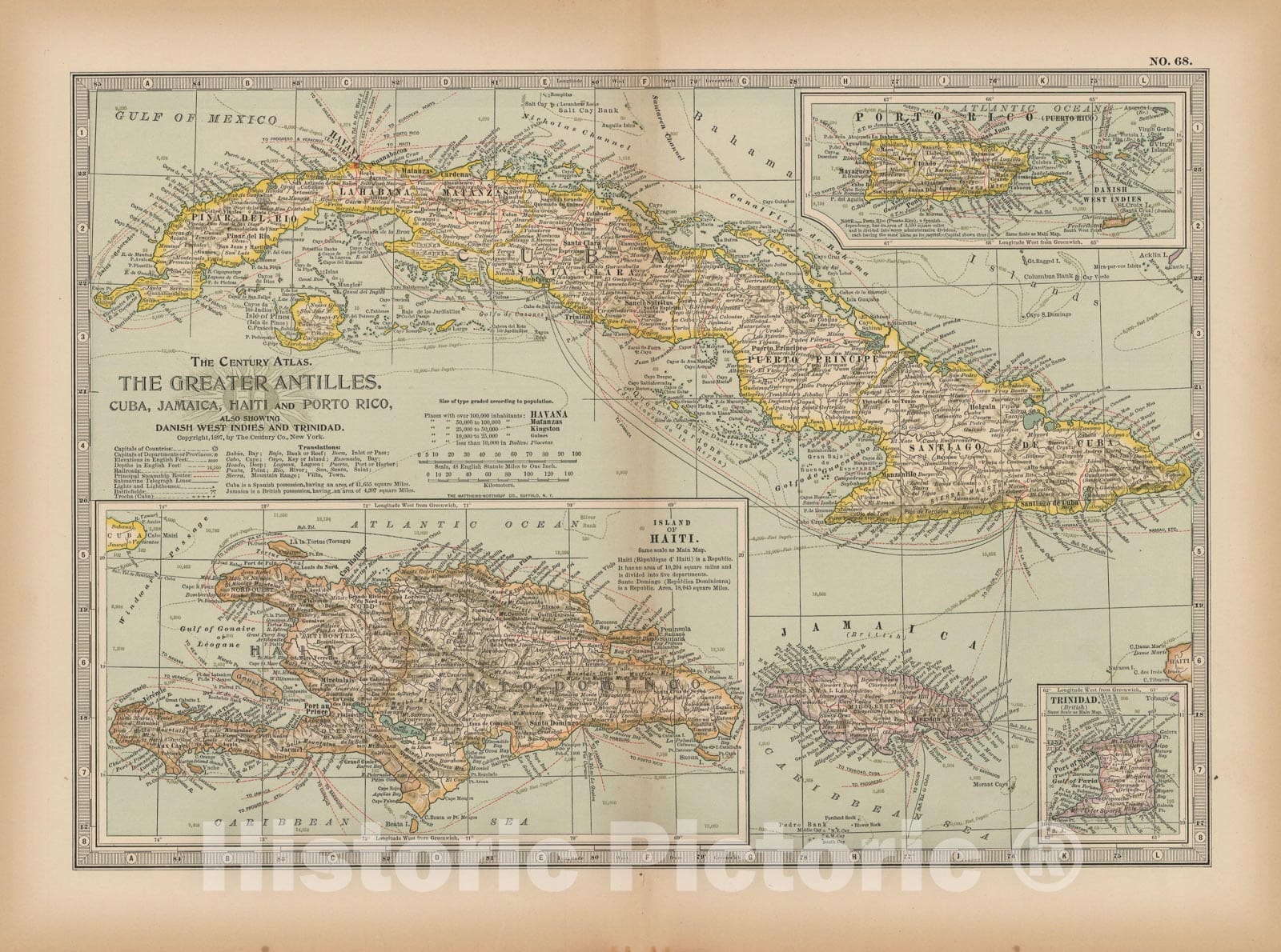 Historic Map : West Indies & Cuba & Haiti & Jamaica & Puerto Rico & Trinidad & Tobago 1897 , The Century Atlas World , Vintage Wall Art