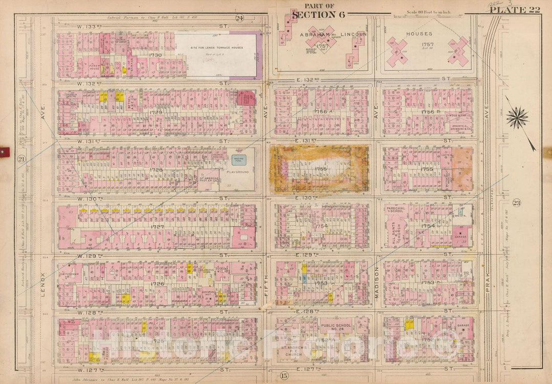 Historic Map : Atlas City of New York, Borough of Manhattan, Volume 4, 110th St to 145th St, Manhattan 1914 Plate 022 , Vintage Wall Art