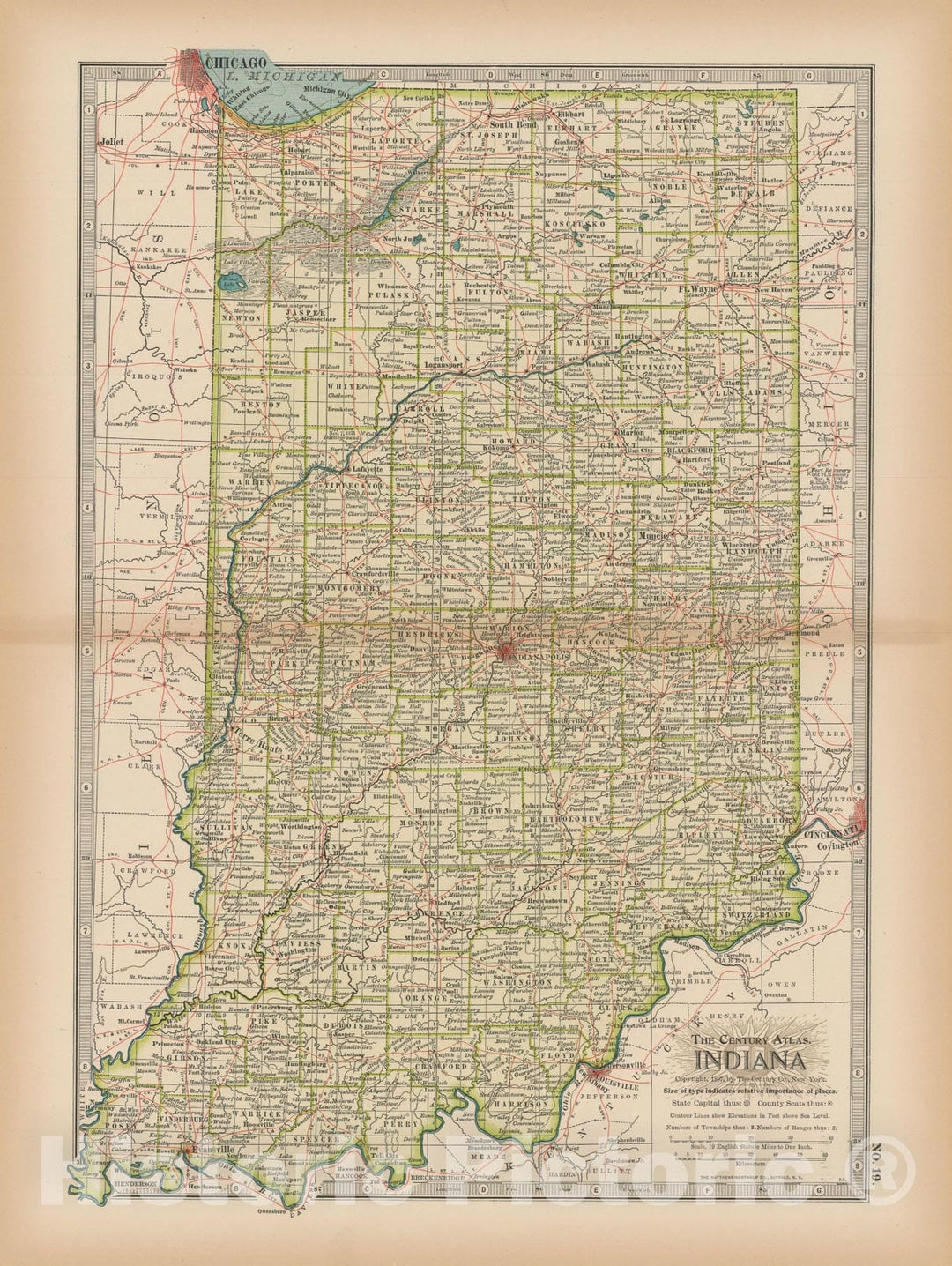 Historic Map : Indiana 1897 , The Century Atlas World , Vintage Wall Art