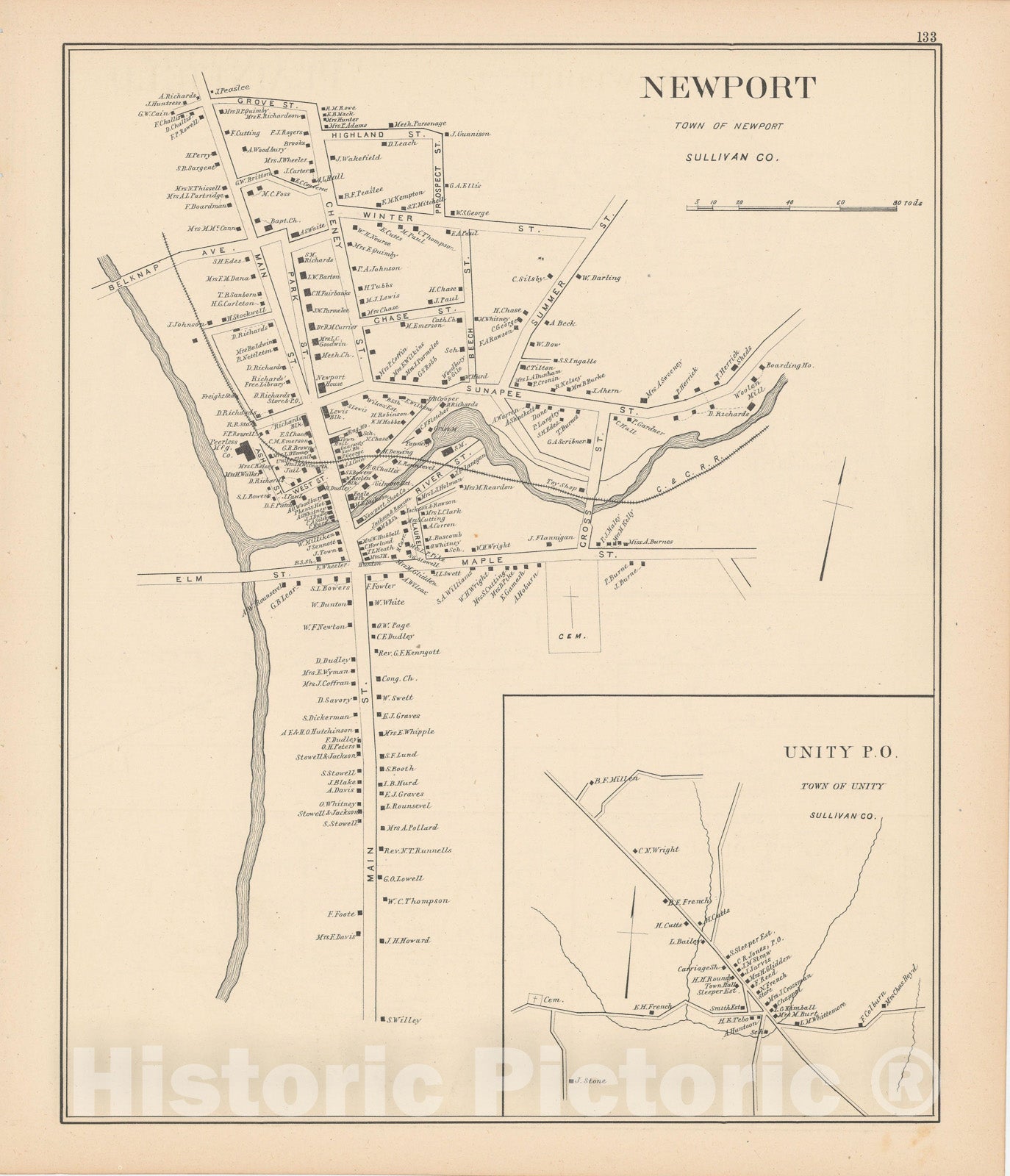 Historic Map : Newport & Unity 1892 , Town and City Atlas State of New Hampshire , Vintage Wall Art