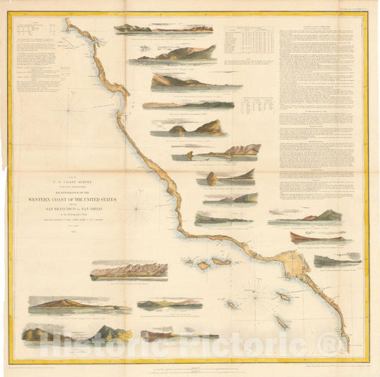 Historic Map : Coastal Charts - Rooney Collection, W. Coast of U.S. - San Francisco to San Diego 1852 Topographic Map , Vintage Wall Art