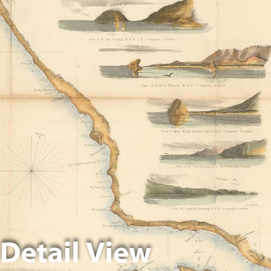 Historic Map : Coastal Charts - Rooney Collection, W. Coast of U.S. - San Francisco to San Diego 1852 Topographic Map , Vintage Wall Art