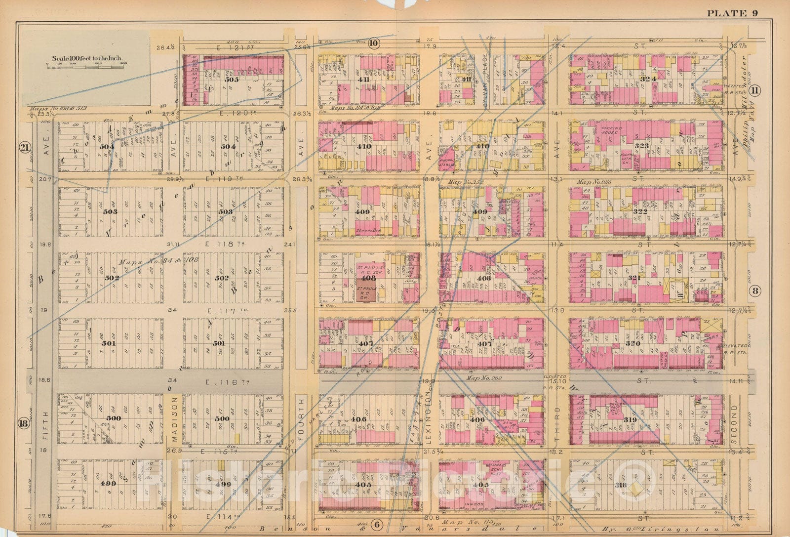 Historic Map : Atlas City of New York, Vol 2 ... 12th Ward, 2nd Ed., Manhattan 1884 Plate 009 , Vintage Wall Art