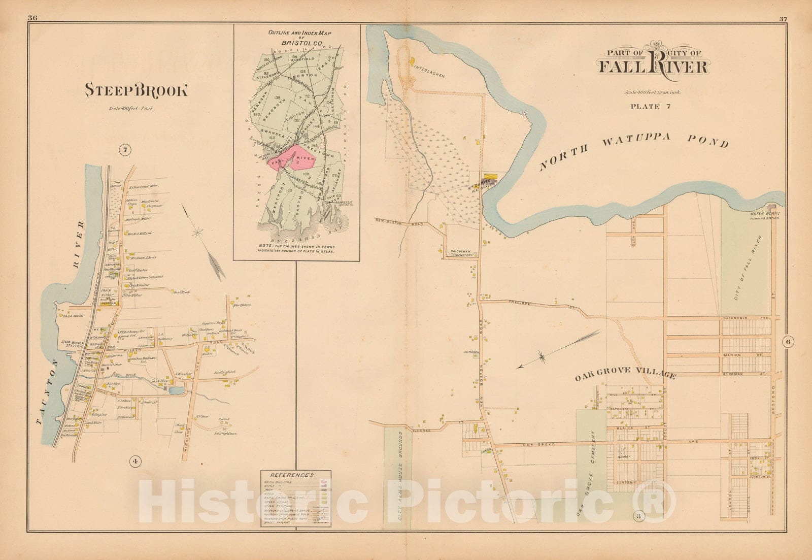 Historic Map : New Topographical Atlas of Surveys Bristol County Massachusetts, Fall River 1895 Plate 007 , Vintage Wall Art