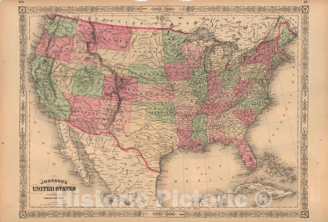 Historic Map : United States 1864 , Johnson's Family Atlas World , Vintage Wall Art