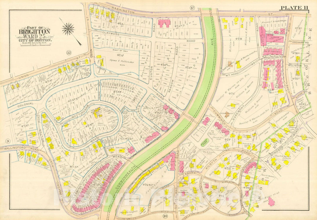 Historic Map : Atlas City of Boston, Wards 25 & 26 Brighton, Brighton 1916 Plate 011 , Vintage Wall Art
