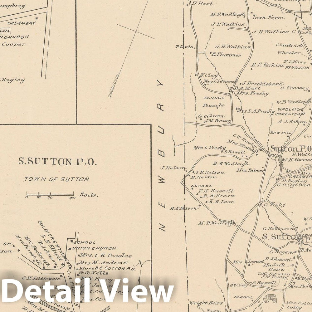 Historic Map : Sutton 1892 , Town and City Atlas State of New Hampshire , Vintage Wall Art