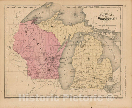 Historic Map : McNally's Improved System of Geography, Michigan & Wisconsin 1856 , Vintage Wall Art