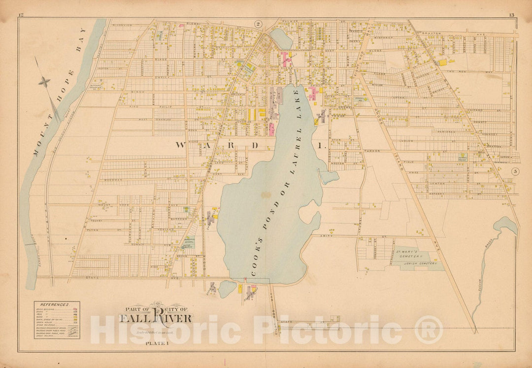 Historic Map : New Topographical Atlas of Surveys Bristol County Massachusetts, Fall River 1895 Plate 001 , Vintage Wall Art