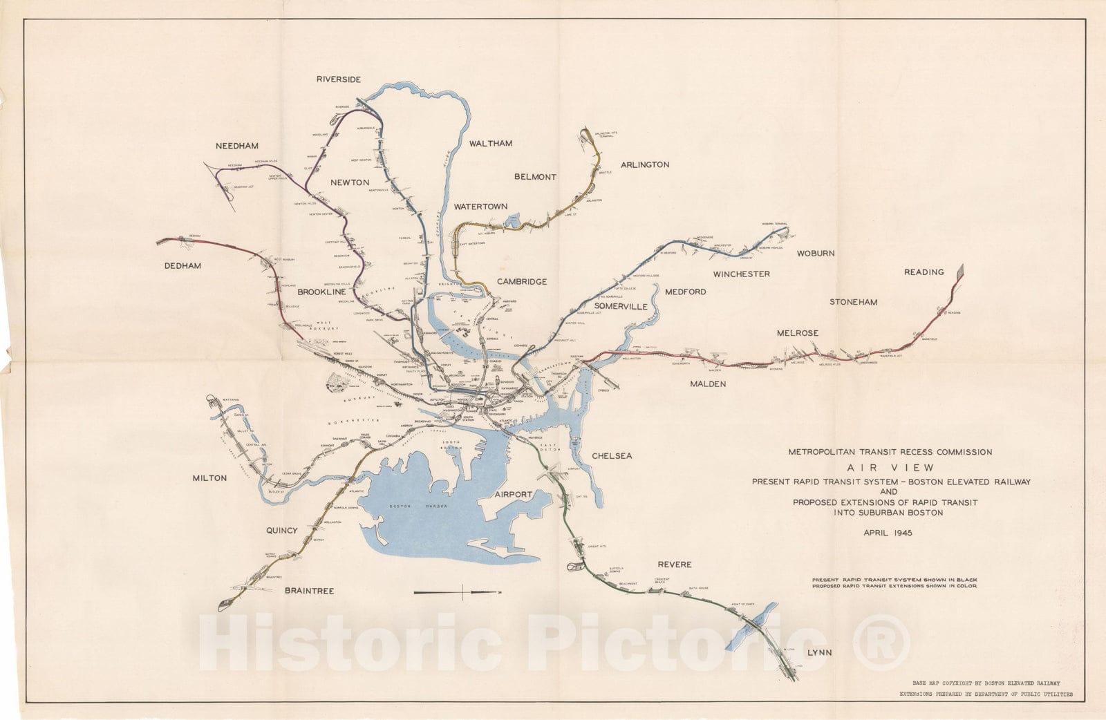 Historic Map : Greater Boston Transit Maps, Proposed Extensions to the MTA - April 1945 Railroad Catography , Vintage Wall Art