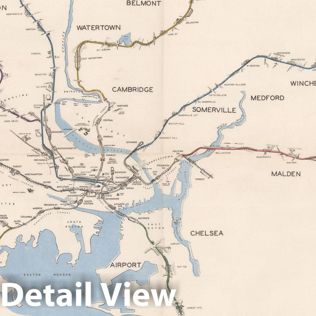 Historic Map : Greater Boston Transit Maps, Proposed Extensions to the MTA - April 1945 Railroad Catography , Vintage Wall Art