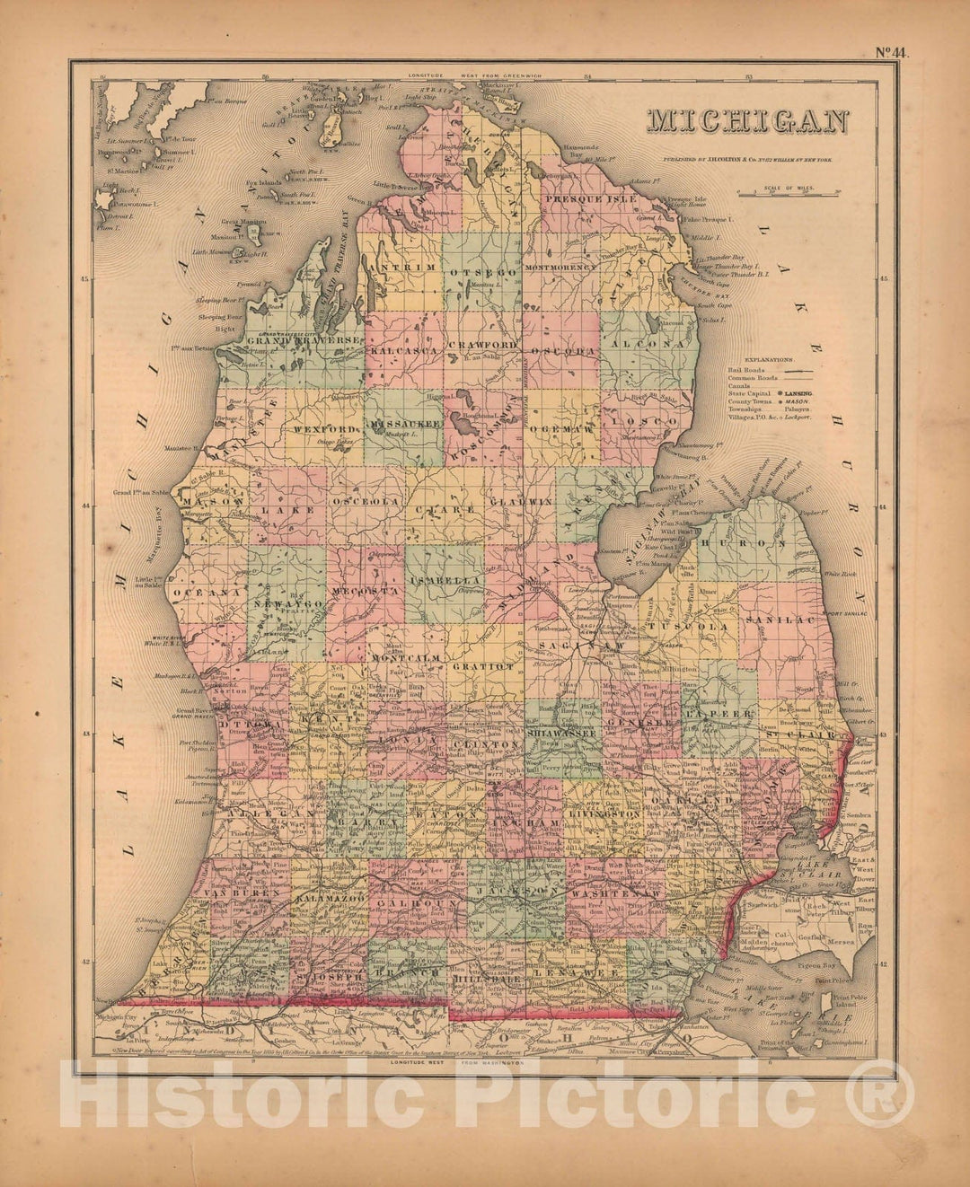 Historic Map : Michigan 1857 , General Atlas (Of The World) , v2, Vintage Wall Art