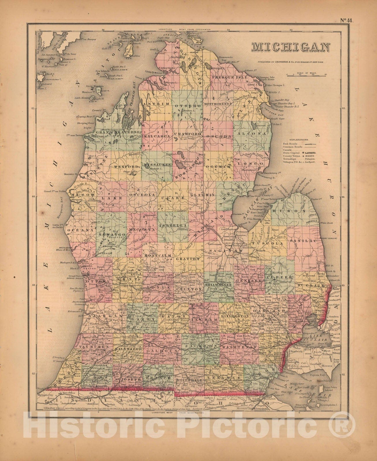 Historic Map : Michigan 1857 , General Atlas (Of The World) , v2, Vintage Wall Art