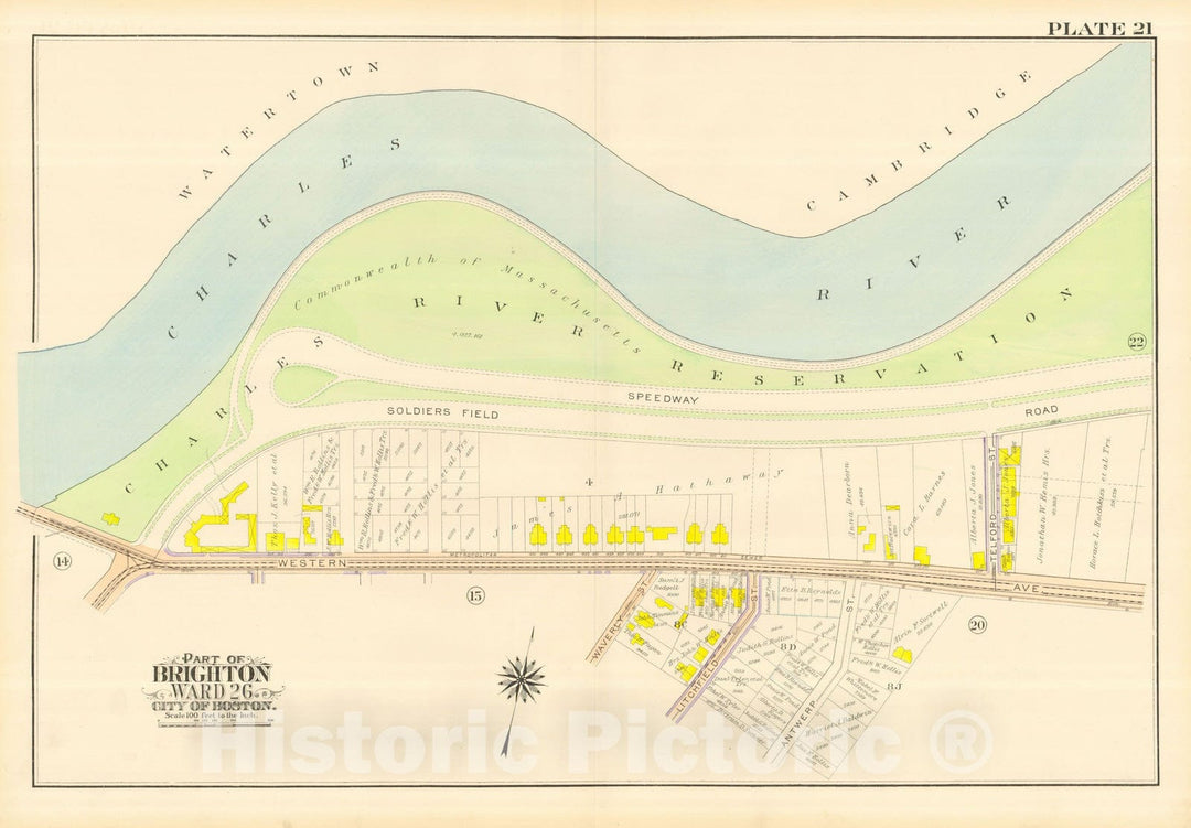 Historic Map : Atlas City of Boston, Wards 25 & 26 Brighton, Allston & Brighton 1916 Plate 021 , Vintage Wall Art