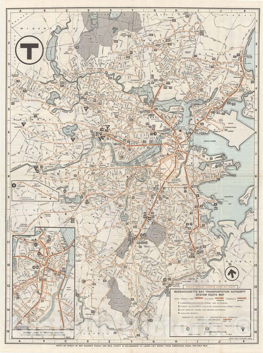 Historic Map : Greater Boston Transit Maps, MBTA System Route Map 1965 Railroad Catography , Vintage Wall Art