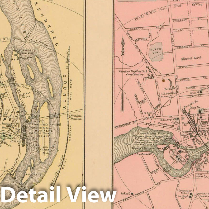 Historic Map : Atlas State of Maine, Fairfield & Skowhegan 1894-95 , Vintage Wall Art