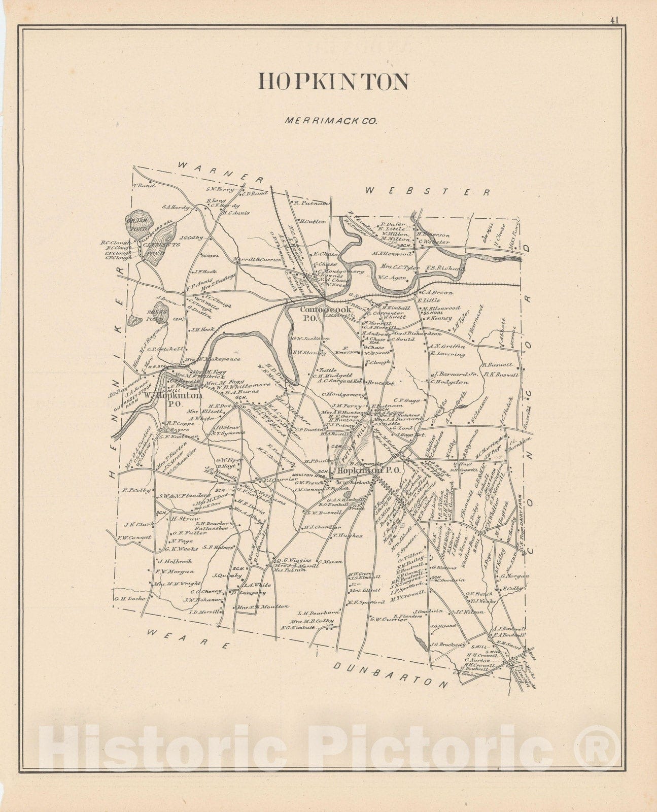 Historic Map : Hopkinton 1892 , Town and City Atlas State of New Hampshire , Vintage Wall Art