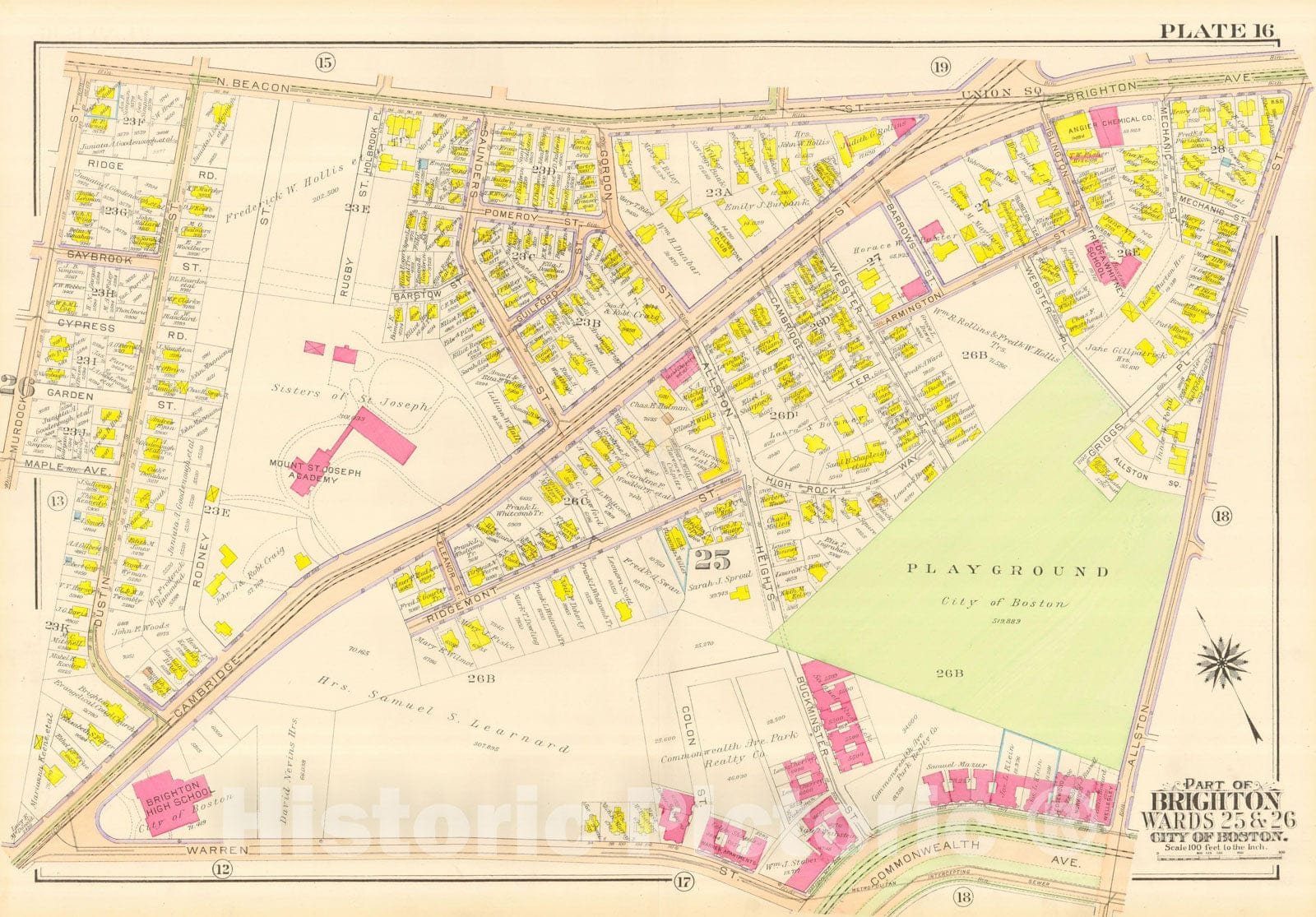 Historic Map : Atlas City of Boston, Wards 25 & 26 Brighton, Brighton 1916 Plate 016 , Vintage Wall Art