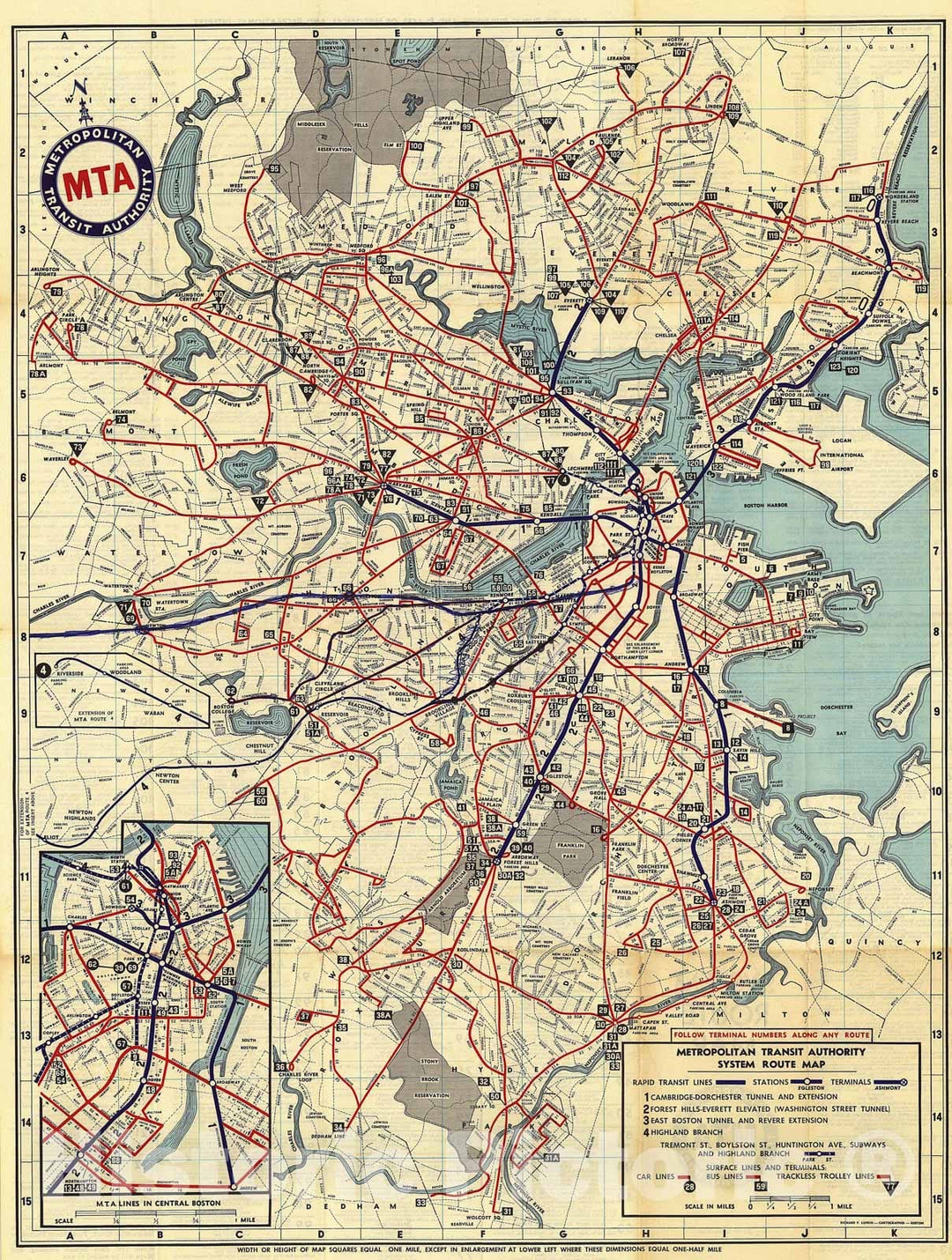 Historic Map : Greater Boston Transit Maps, Boston MTA System Route Map 1961 Railroad Catography , Vintage Wall Art