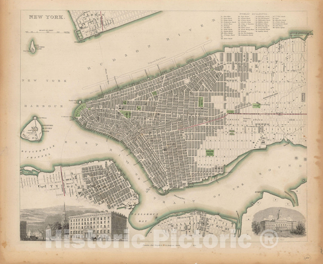 Historic Map : New York, New York City 1850 , Nirenstein's National Preferred Real Estate Locations of Business Properties , Vintage Wall Art