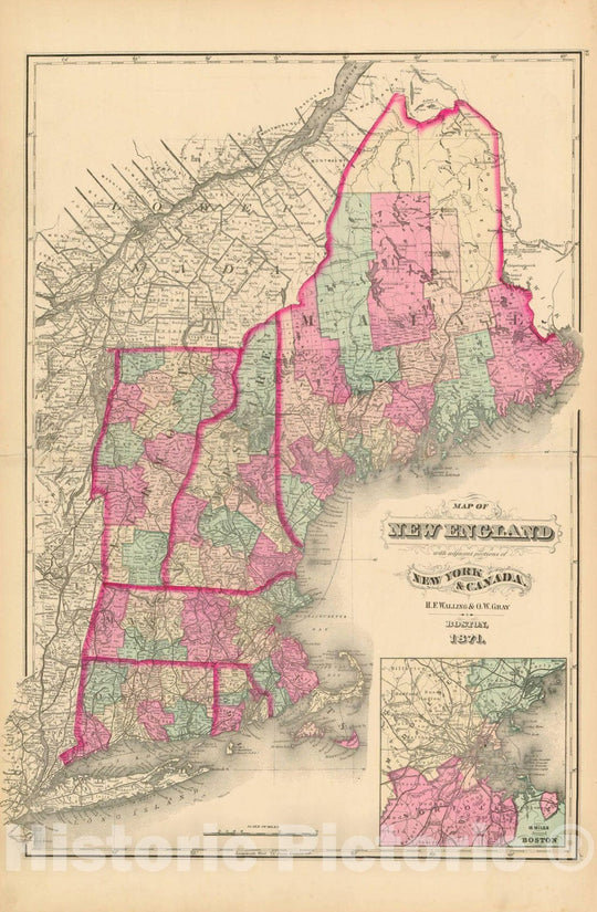 Historic Map : New England 1871 , Vintage Wall Art