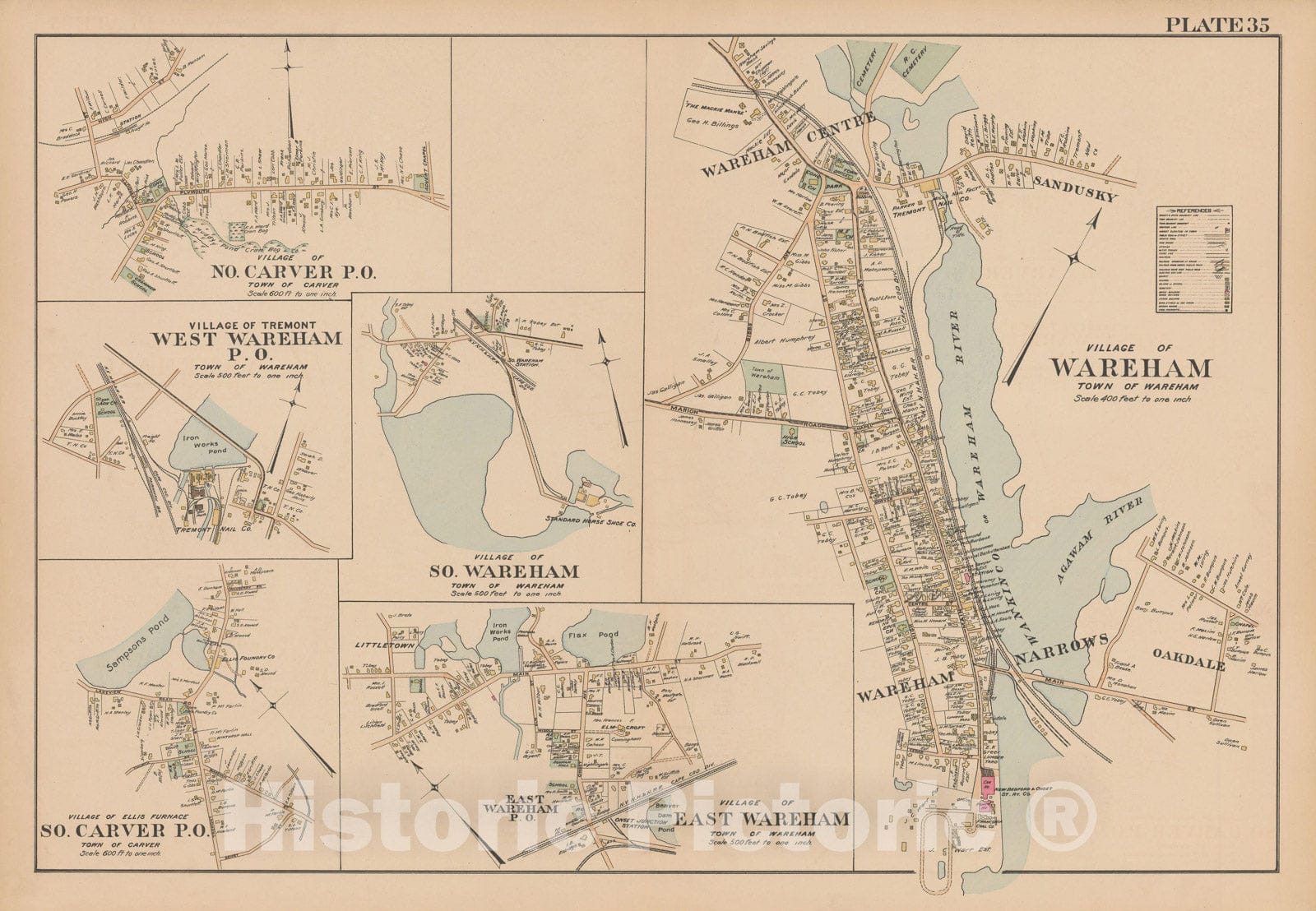 Historic Map : MA, Wareham 1903 Plate 035 , New Topographical Atlas of Surveys of Plymouth County ... , Vintage Wall Art