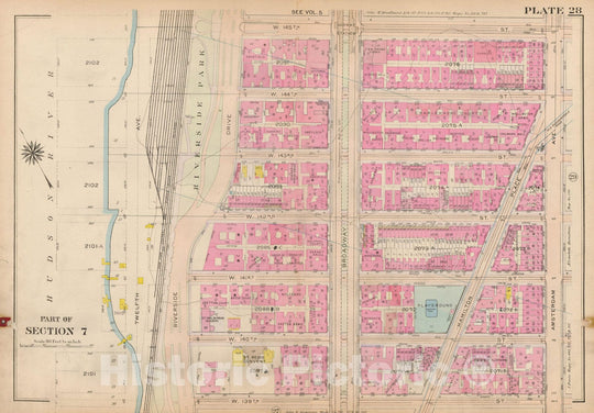 Historic Map : Atlas City of New York, Borough of Manhattan, Volume 4, 110th St to 145th St, Manhattan 1914 Plate 028 , Vintage Wall Art