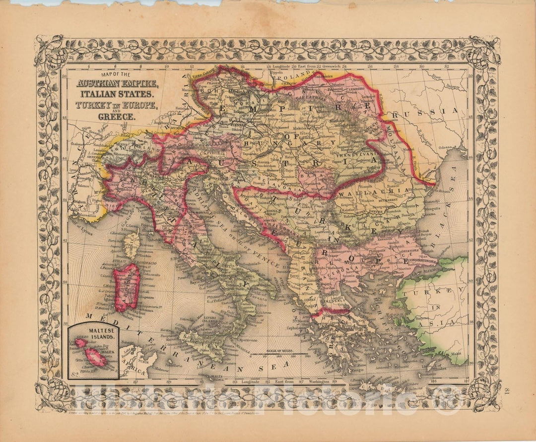 Historic Map : Italy & Turkey & Greece & Austria 1867 , New General Atlas , Vintage Wall Art