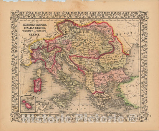 Historic Map : Italy & Turkey & Greece & Austria 1867 , New General Atlas , Vintage Wall Art