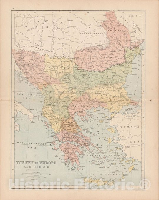 Historic Map : Turkey & Greece & Serbia & Bosnia 1875 , Student Atlas of Modern Geography , Vintage Wall Art