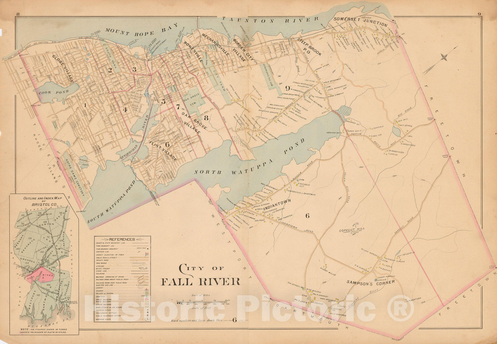 Historic Map : New Topographical Atlas of Surveys Bristol County Massachusetts, Fall River 1895 , Vintage Wall Art