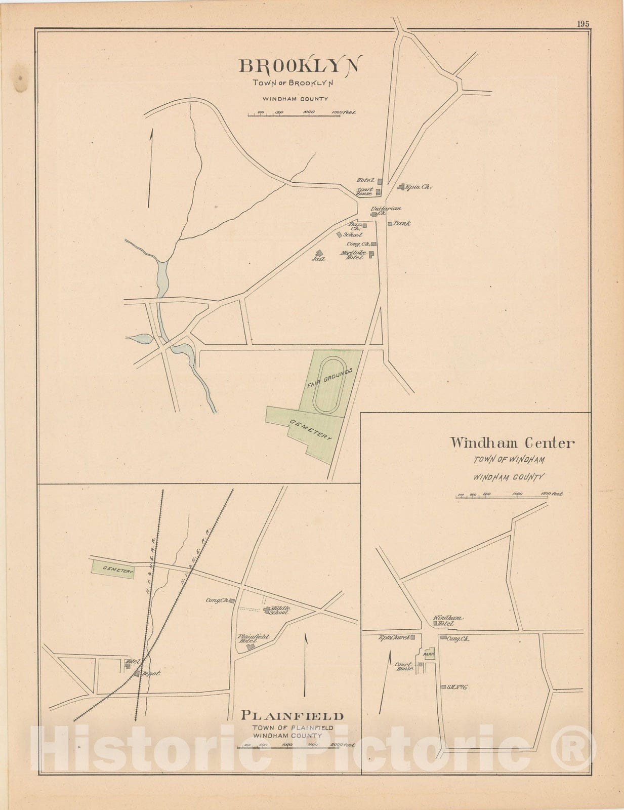 Historic Map : Brooklyn & Plainfield 1893 , Town and City Atlas State of Connecticut , Vintage Wall Art