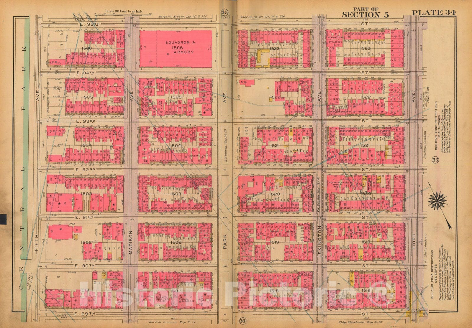 Historic Map : Atlas City of New York, Borough of Manhattan, Volume 3, 59th St to 110th St, Manhattan 1921 Plate 034 , Vintage Wall Art