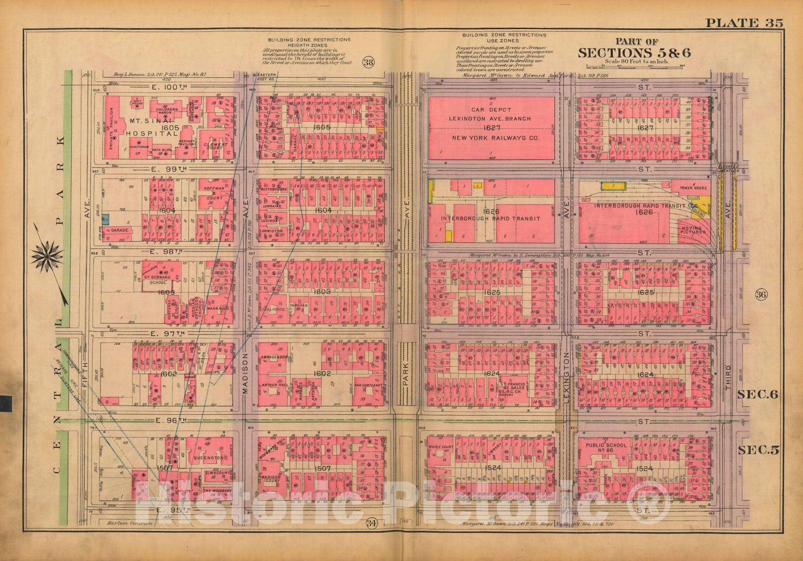 Historic Map : Atlas City of New York, Borough of Manhattan, Volume 3, 59th St to 110th St, Manhattan 1921 Plate 035 , Vintage Wall Art