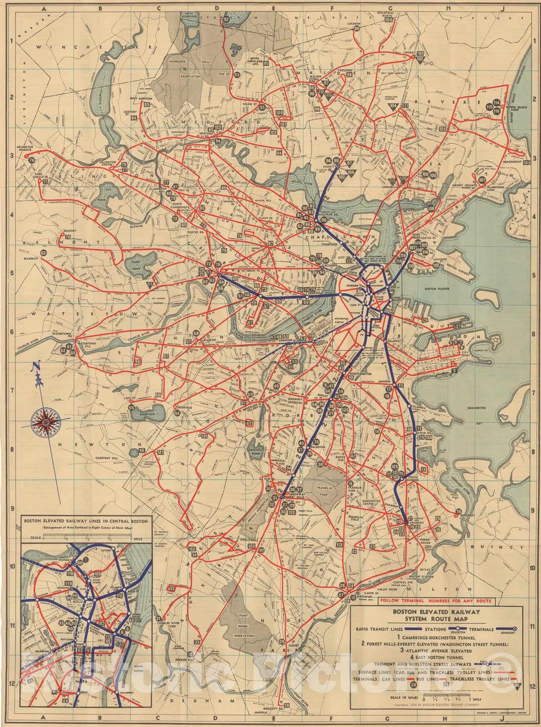 Historic Map : Greater Boston Transit Maps, Boston Elevated Railway System Route Map No. 3 1938 Railroad Catography , Vintage Wall Art