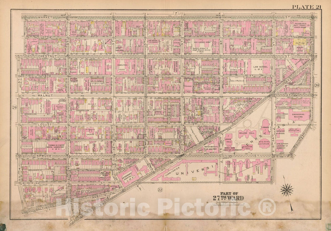 Historic Map : Atlas City of Philadelphia Wards 24,27,34,40,44&46 West Philadelphia, West Philadelphia 1927 Plate 021 , Vintage Wall Art