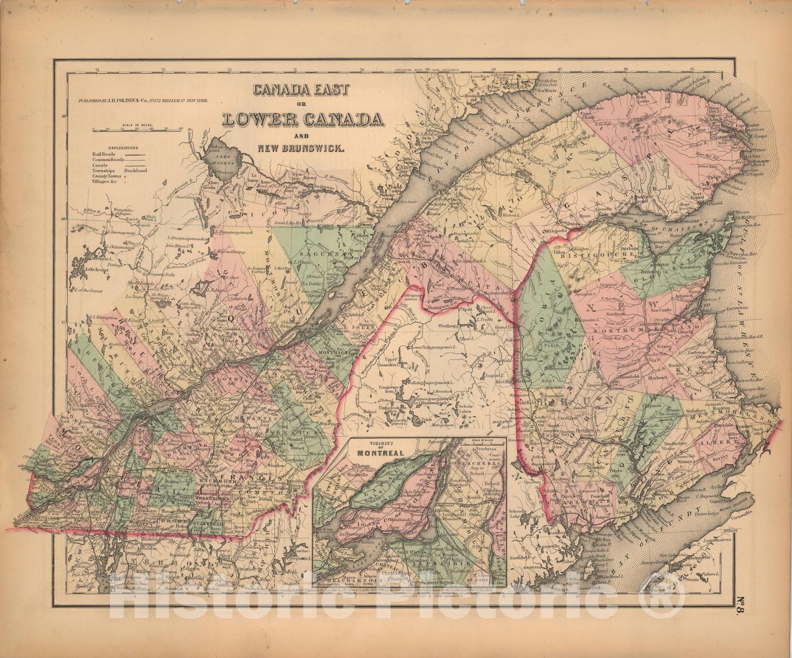 Historic Map : General Atlas (Of The World), New Brunswick & Quebec 1857 , Vintage Wall Art