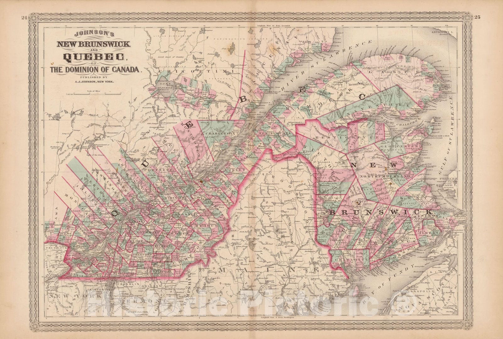 Historic Map : Family Atlas World, New Brunswick & Quebec 1873 , Vintage Wall Art