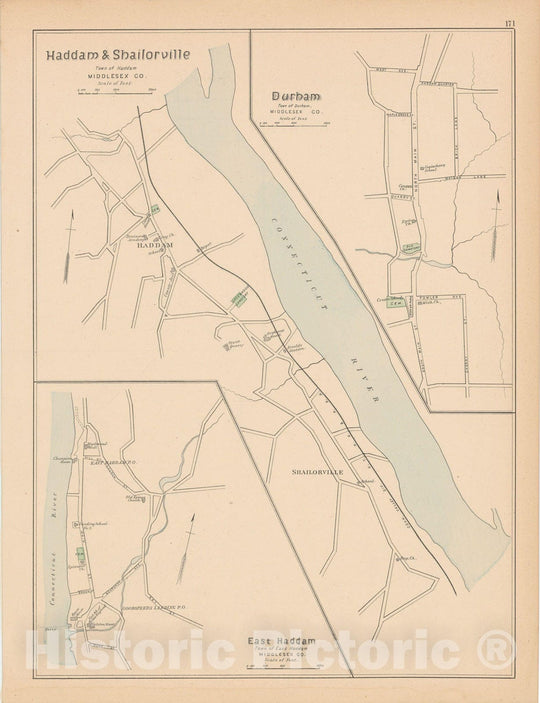 Historic Map : Durham & East Haddam & Haddam 1893 , Town and City Atlas State of Connecticut , Vintage Wall Art