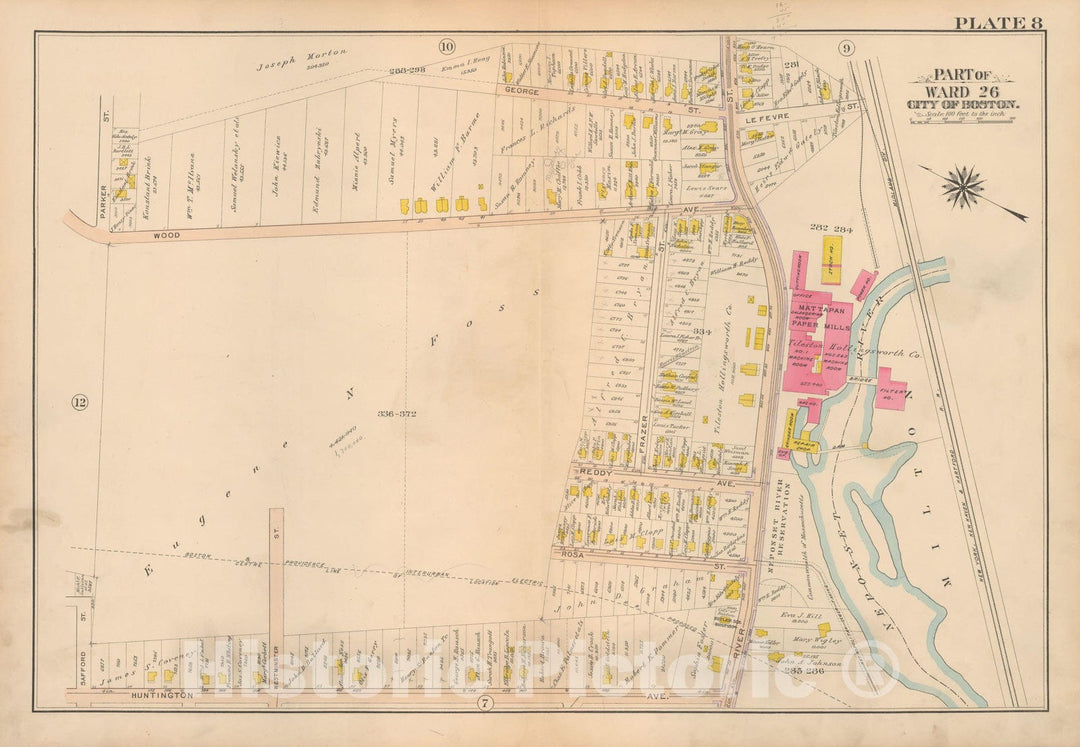 Historic Map : Atlas City of Boston Ward 26 Hyde Park, Hyde Park 1912 Plate 008 , Vintage Wall Art