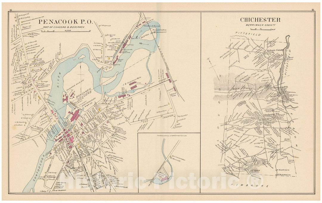 Historic Map : Boscawen & Chichester & Concord 1892 , Town and City Atlas State of New Hampshire , Vintage Wall Art