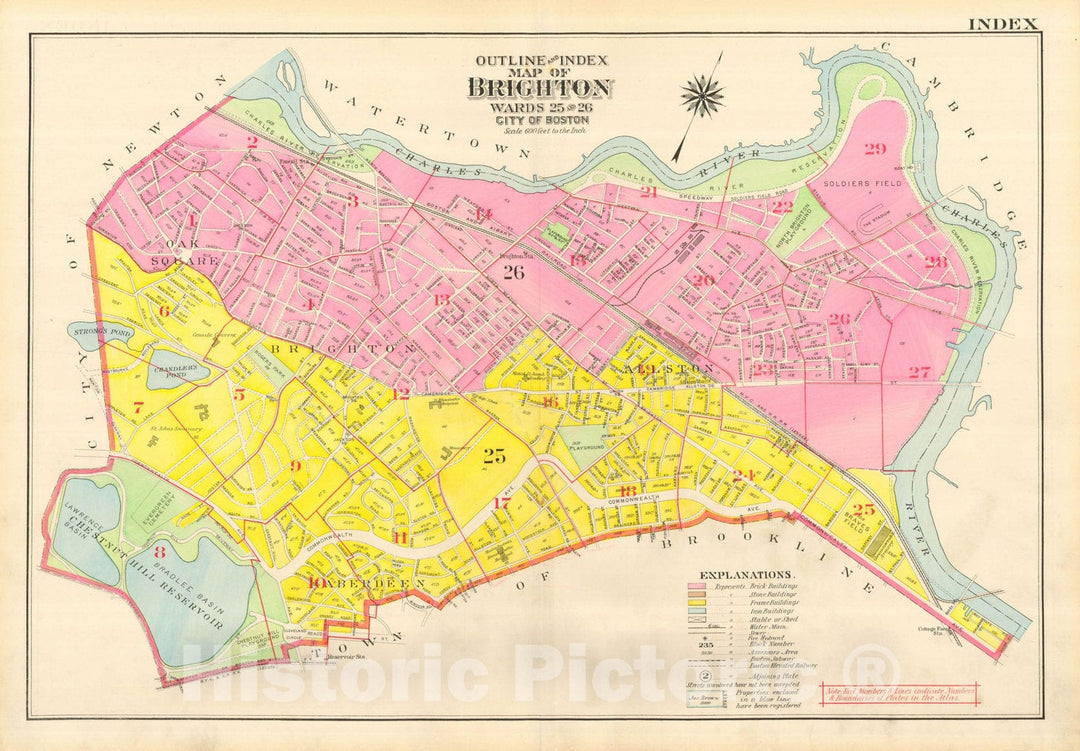 Historic Map : Atlas City of Boston, Wards 25 & 26 Brighton, Brighton 1916 Index Plate , Vintage Wall Art