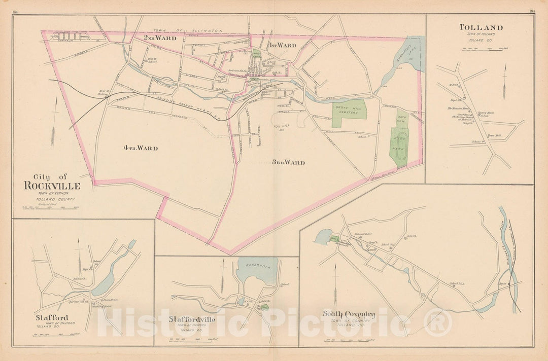 Historic Map : Coventry & Stafford & Tolland & Vernon 1893 , Town and City Atlas State of Connecticut , Vintage Wall Art