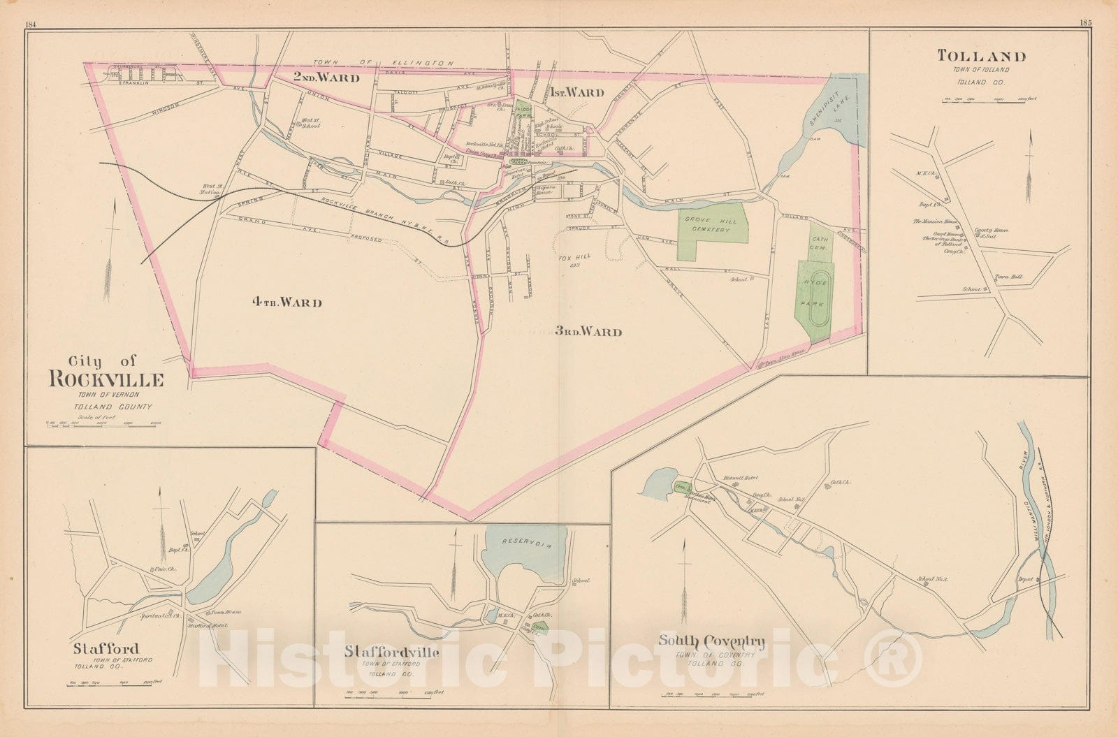 Historic Map : Coventry & Stafford & Tolland & Vernon 1893 , Town and City Atlas State of Connecticut , Vintage Wall Art