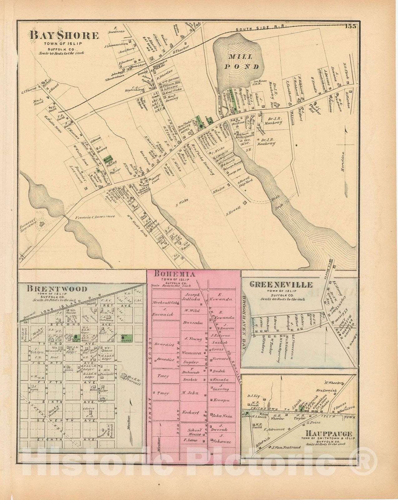 Historic Map : Atlas of Long Island, New York, Islip & Smithtown 1873 , Vintage Wall Art