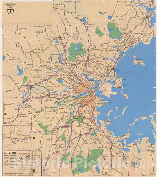 Historic Map : Greater Boston Transit Maps, MBTA System Route Map: Spring-Summer 1977 Railroad Catography , Vintage Wall Art