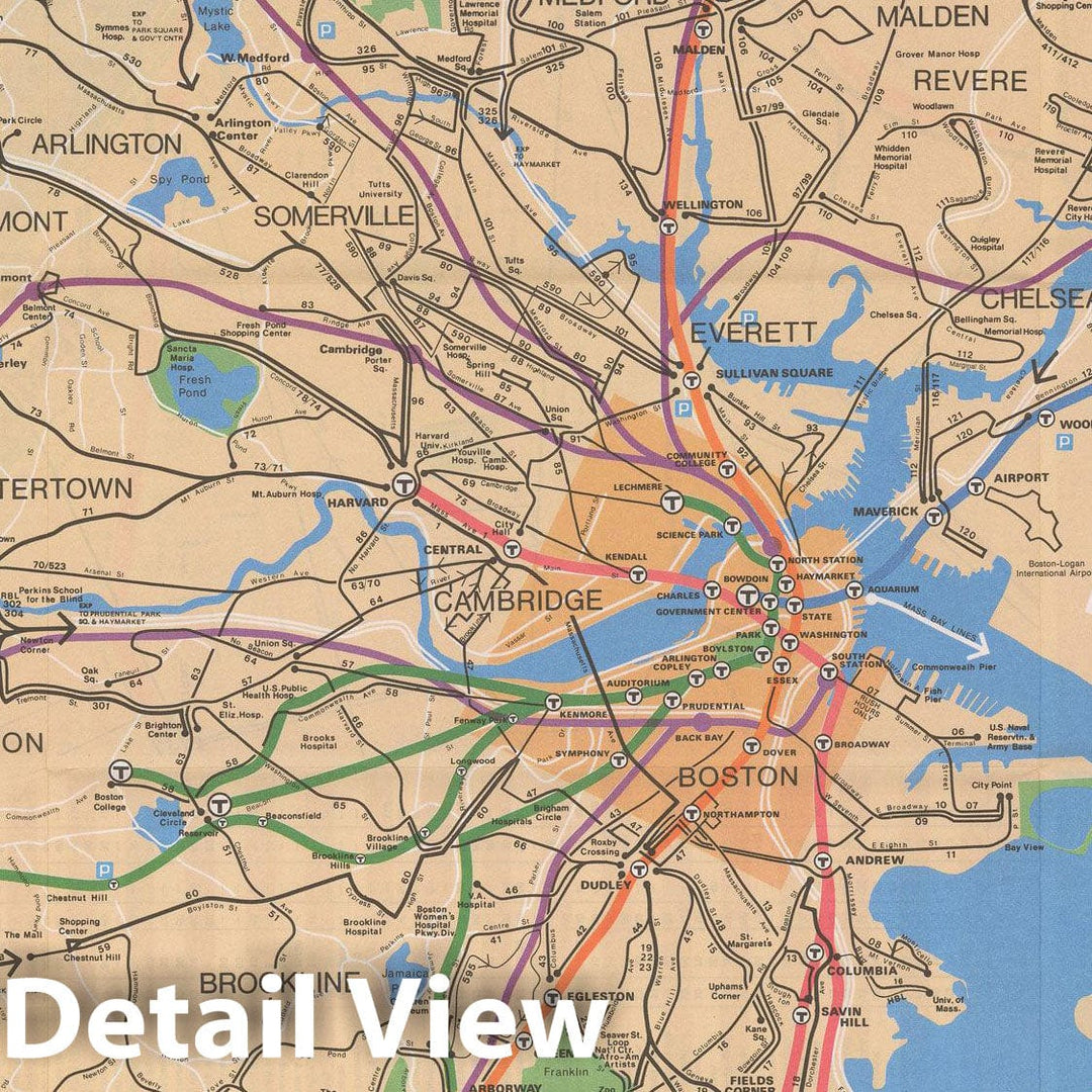 Historic Map : Greater Boston Transit Maps, MBTA System Route Map: Spring-Summer 1977 Railroad Catography , Vintage Wall Art