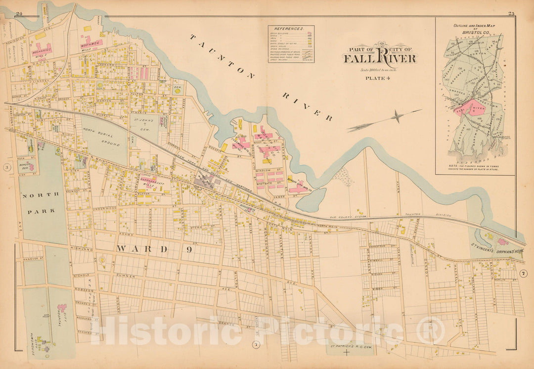 Historic Map : New Topographical Atlas of Surveys Bristol County Massachusetts, Fall River 1895 Plate 004 , Vintage Wall Art