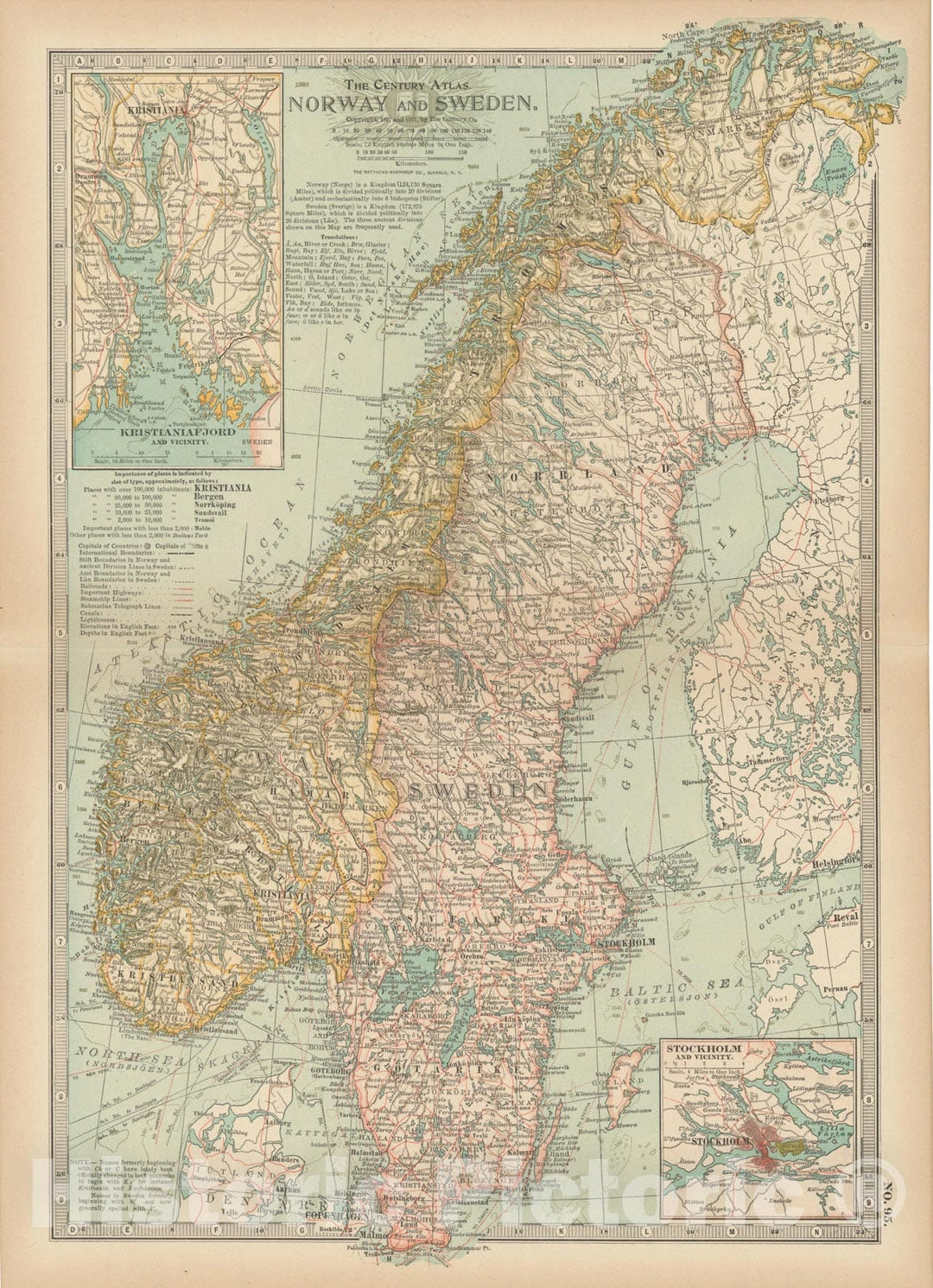 Historic Map : Norway & Sweden 1914 , Century Atlas of the World, Vintage Wall Art