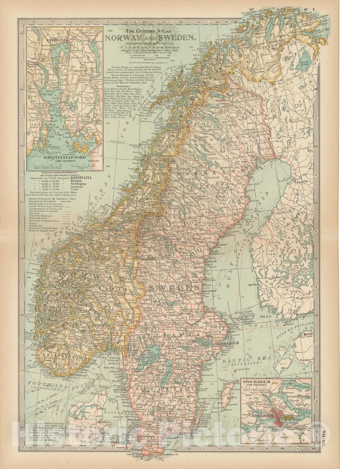 Historic Map : Norway & Sweden 1914 , Century Atlas of the World, Vintage Wall Art